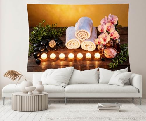 CHNYWORK 82x59 Inches Zen Garden Tapestry Candles Basalt Stone Spa Water Massage Stones Towel and Candles Relaxation Background Living Room Bedroom Aesthetic College Dorm Wall Decor - size: 82''x59''