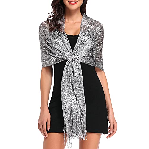 vimate Sparkling Metallic Shawls and Wraps for Evening Party/Wedding/Formal Dresses (With Free Buckle) - color: H#. Dark Grey (With Dark Grey Buckle)
