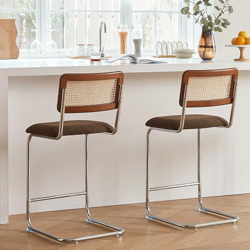 Natural Rattan Counter Height Stools Set of 2 with Solid Wood Back, 24 Inch Mid Century Modern Cesca Bar Stools, Brown Upholstery Boho Stool for Kitchen Counter with Chrome Metal Legs - color: Brown, size: 2PCS-24'' Counter Height Stool