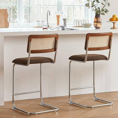 Natural Rattan Counter Height Stools Set of 2 with Solid Wood Back, 24 Inch Mid Century Modern Cesca Bar Stools, Brown Upholstery Boho Stool for Kitchen Counter with Chrome Metal Legs - color: Brown, size: 2PCS-24'' Counter Height Stool