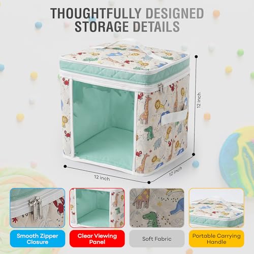 12" Soft Side Zipper Toy Storage Bag, Quilt Pattern Cloth Cube, Reusable, Clear Bag, Playroom, Bedroom & Puzzles Board Game Organizers And Storage Bin, Zoo & Animals Design - color: Zoo