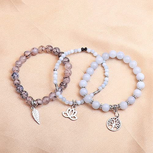 Tree of Life Yoga Healing Stone Bracelets,Multilayer Lotus Chakra Stone Reiki Bracelet Sets,Anxiety Crystal Natural Stone,for Women Stress Relief - style: Aquamarine dragon pattern stone