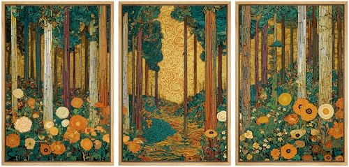 wall26 Framed Print Wall Art Set Klimt Style Sunlit Forest Vibrant Green and Gold Floral WoodlandDecorative Minimal Relax/Zen for Living Room, Bedroom, Office - 16"x24"x3 NATURAL - color: A18-2604-M11, size: 16" x 24" x 3 Panels NATURAL