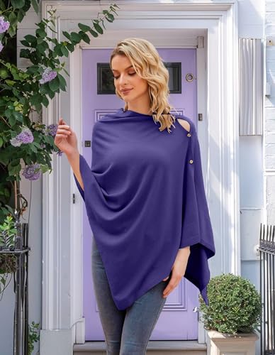 PULI Women's Versatile Knitted Shawls Scarf Poncho Sweater with Buttons Lightweight Spring Summer Fall Wraps - color: A-royal Purple