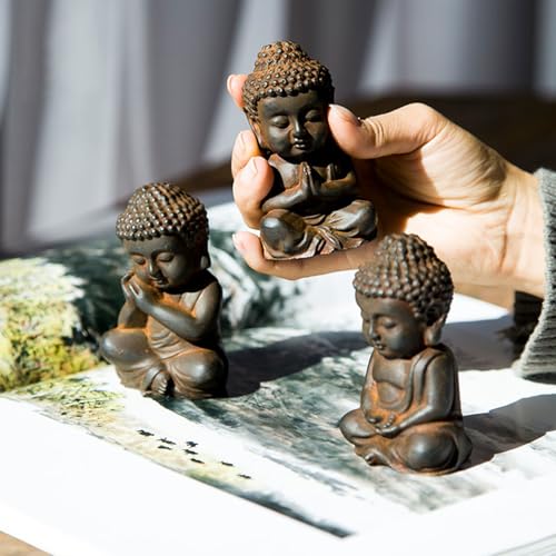 Mini Meditation Buddha Ornament, Solid Cast Iron Figurine, Outdoor Garden Decor Sculpture, Feng Shui Artwork for Home Living Room (Natural Rust,3)