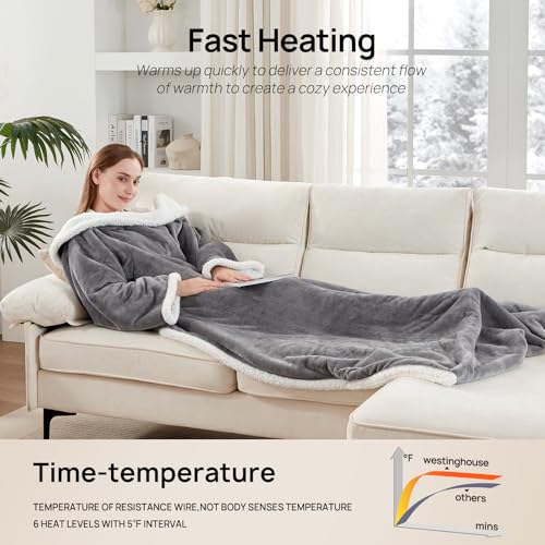 Westinghouse Electric Snuggle Throw Blankets with Foot Pocket, Wearable Heated Blanket with Sleeves, 6 Heating Levels & 2 to 10 Hours Heating Time Settings, 50 * 70"+18", Light Grey - color: Light Grey&ivory, size: 70*50" Heated Snuggle Blanket