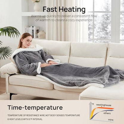 Westinghouse Electric Snuggle Throw Blankets with Foot Pocket, Wearable Heated Blanket with Sleeves, 6 Heating Levels & 2 to 10 Hours Heating Time Settings, 50 * 70"+18", Light Grey - color: Light Grey&ivory, size: 70*50" Heated Snuggle Blanket