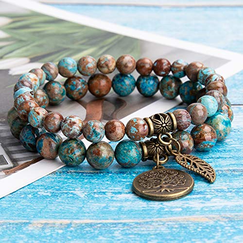 Bivei Natural Semi Precious Gemstone beads bracelet for women - Life Tree and Leaf Charm Energy Reiki Crystal Stretch Bracelets - color: Blue Lace Agate Bracelet Set, size: Medium:6.8-7.24inch