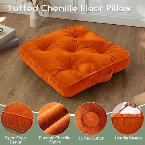 HIGOGOGO Large Floor Pillow Cushion for Adults, Meditation Cushion Pillow with Handle, Lustrous Chenille Tufted, Square Floor Sitting for Tatami Living Room or Yoga, 22x22 Inch, Orange