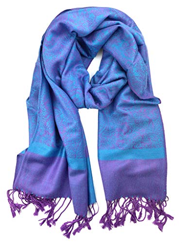 Plum Feathers Two Tone Vintage Paisley Pattern Pashmina Scarf - color: Turquoise Purple Paisley