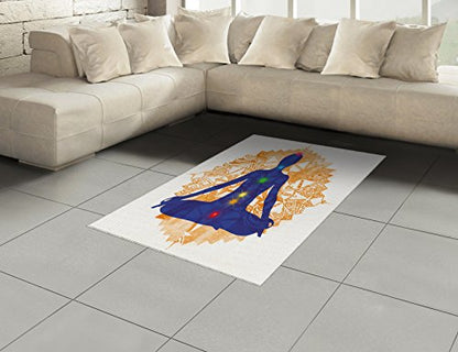 Lunarable Colorful Area Rug, Silhouette of a Body in Yoga Lotus Position with Meditation Yoga Pattern, Flat Woven Accent Rug for Living Room Bedroom Dining Room, 4' X 5' 7", Blue Orange