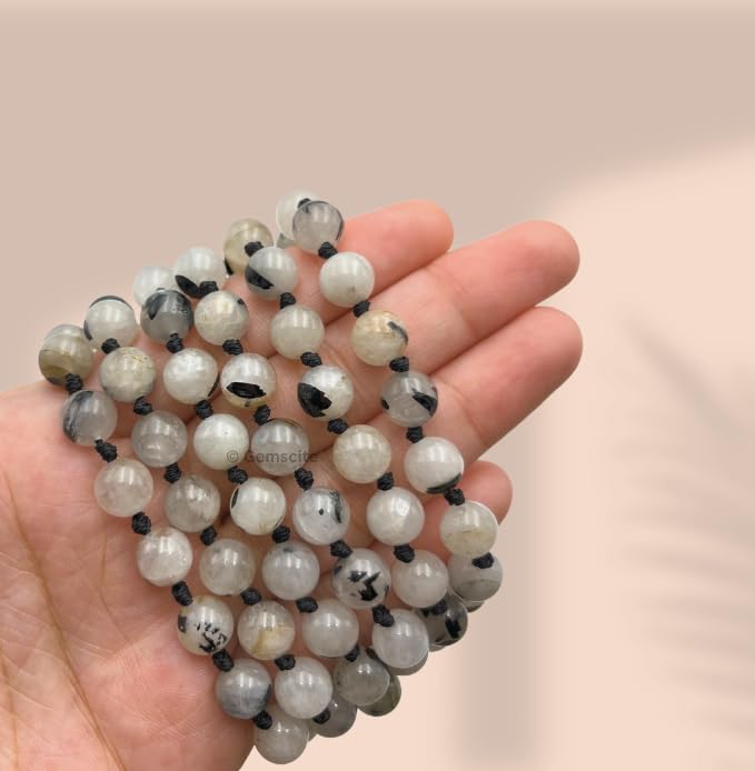 GEMSCITE Japa Mala 108 Prayer Beads Perfect for Meditation Spiritual Mala Necklace & Wrist Mala Bracelet - color: Black Rutilated Quartz, size: Hand Knotted