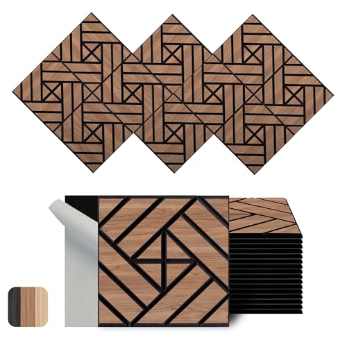 WoveN SounD Artisan Acoustic Wall Panels, 16 Pack 12x12 Inch, PVC Wood Grain Carved Sound Proof Wall Decor, Self-Adhesive for Home, Studio, Office & Focus Zones, Grid Weave, Teak - color: Grid Weave, Teak, 16 Pack