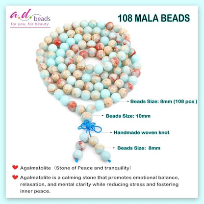 AD Beads 6mm 8mm 108 Prayer Mala Jasper Elastic Bracelet - Handmade Yoga Meditation Healing Power Energy Gifts for Unisex Adult. - color: Agalmatolite (Peace)