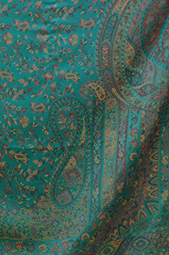 Exotic India Reversible Jamawar Shawl with Woven Paisleys - Wool - color: Proud Peacock