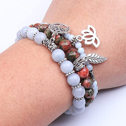 Tree of Life Yoga Healing Stone Bracelets,Multilayer Lotus Chakra Stone Reiki Bracelet Sets,Anxiety Crystal Natural Stone,for Women Stress Relief - style: Aquamarine + Flower Green