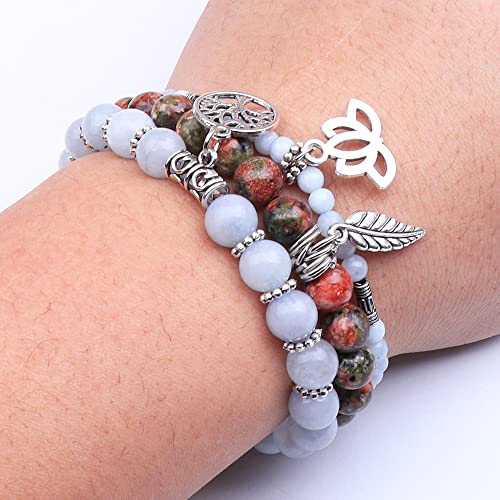 Tree of Life Yoga Healing Stone Bracelets,Multilayer Lotus Chakra Stone Reiki Bracelet Sets,Anxiety Crystal Natural Stone,for Women Stress Relief - style: Aquamarine + Flower Green