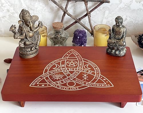 Altar Table, Meditation Table, Small Altar Table, Wooden Witch Altar, Wiccan Alter Table, Buddhist Shrine, Engraved Triquetra （The Celtic Trinity Knot） on Table Top, 12 × 8 inches - color: The Celtic Trinity Knot (Triquetra)