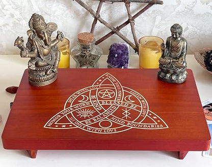 Altar Table, Meditation Table, Small Altar Table, Wooden Witch Altar, Wiccan Alter Table, Buddhist Shrine, Engraved Triquetra （The Celtic Trinity Knot） on Table Top, 12 × 8 inches - color: The Celtic Trinity Knot (Triquetra)