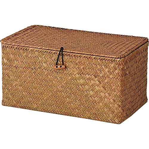 Rectangular Handwoven Seagrass Storage Basket with Lid for Shelves and Home Organizer Bin, (M (12"x7"x6"H), Natural) - size: M (12"x7"x6"H)