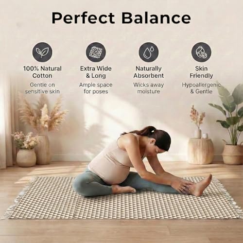 VINYASA Handwoven Cotton Yoga Rug Mat – Naturally Dyed | Absorbent, Washable Yoga Mat/Fitness Rug, Hatha, Pilates & Meditation - Non-Slip Grip | Extra Long & Wide | Trikon Series - color: Pomegranate