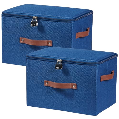 2PCS Storage Bins Box with Zipper Lid Combination Lock PU Leather Handles Cotton Linen Fabric Lidded Lockable Basket Foldable Washable Closet Shelf Organizer Container (Deep Blue, Large) - color: Deep Blue, size: Large ( Set of 2 )