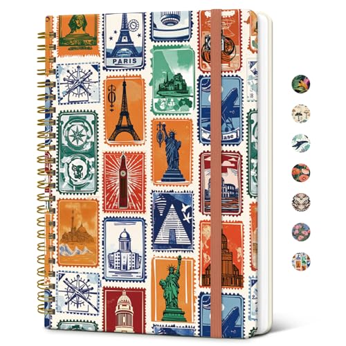 Taja Lined Spiral Journal Notebook for Women, A5 Cute College Ruled Hardcover Notebook for Work & Note Taking, Pretty Journal for Writing, 140 Pages, Wanderlust Stamps - color: b-Wanderlust Stamps