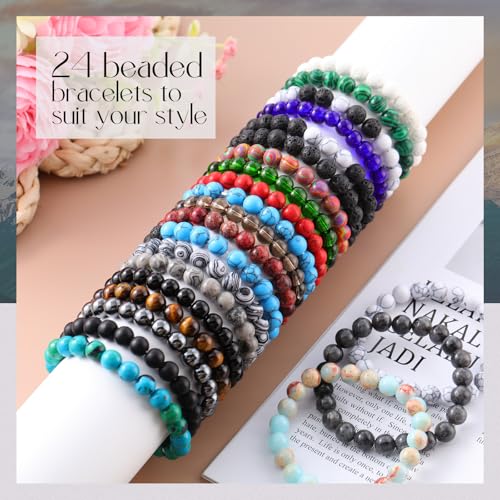 24 Pcs Gemstones Beaded Bracelets Bulk for Women Men 8mm Stretch Round Semi Precious Stone Bracelets Set - color: Classic