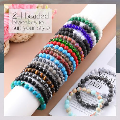 24 Pcs Gemstones Beaded Bracelets Bulk for Women Men 8mm Stretch Round Semi Precious Stone Bracelets Set - color: Classic