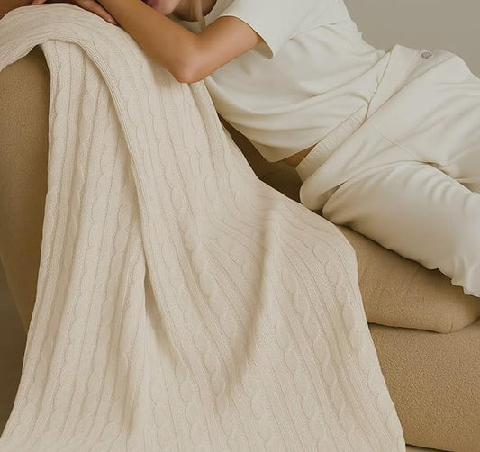 100% Pure Cotton Cable Knit Throw Blanket, Ultra Soft Breathable All Seasons Comfy Knitted Lightweighted Washable Blanket for Couch Bed, Farmhouse Home Decor, Gift Package, 60" x 70" White - color: White