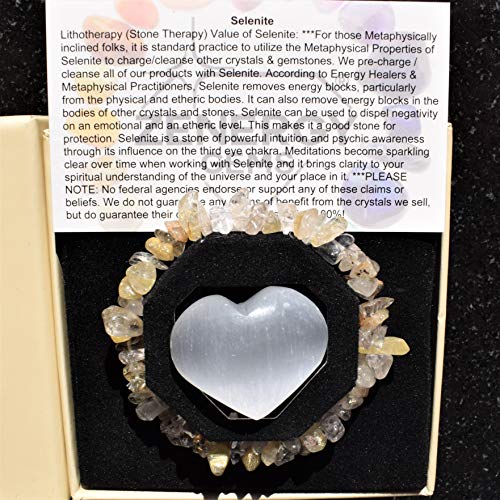 Zenergy Gems Charged Premium Natural Crystal Chip Bead Bracelet + Moroccan Selenite Charging Crystal [Included] - color: Golden Rutile Quartz