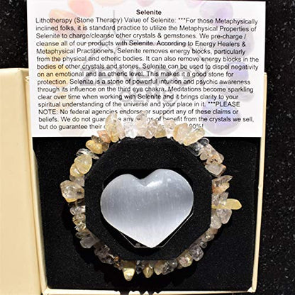 Zenergy Gems Charged Premium Natural Crystal Chip Bead Bracelet + Moroccan Selenite Charging Crystal [Included] - color: Golden Rutile Quartz