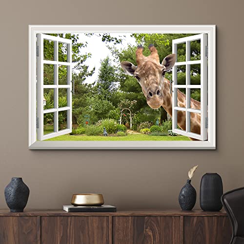 wall26 Canvas Print Wall Art Window View 3D Giraffe Illusion in Forest Nature Wilderness Photography Modern Art Rustic Scenic Colorful Ultra for Living Room, Bedroom, Office - 24"x36"