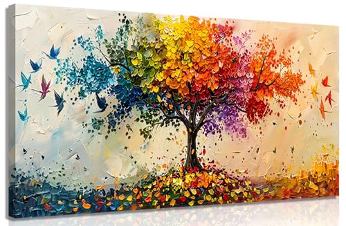 Large Colorful Tree of Life Canvas Wall Art, Rainbow Tree Birds Painting Picture Wall Decor, Modern Nature Abstract Poster Print Artwork for Living Room, Offices, Home Decoration 16x32in - color: Colorful Tree, size: 32"L x 16"W