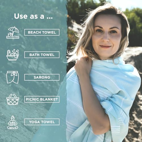 Large Turkish Beach Towel, Classic Powder Blue - Super Soft & Lightweight Quick Dry Absorbent Towels for Beach, Picnic Blanket or Bath Towel - Sand Free Organic Turkish Cotton Yarn