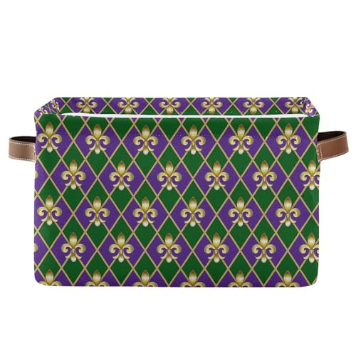 Happy Mardi Gras Green Purple Storage Basket with Waterproof Liner and PU Handles Fleur de Lis Buffalo Plaid Storage Bins Boxes 14.2" Collapsible Decorative Organizer Baskets for Bedroom Office 1 Pack - color: Mardi gras, size: 1 Pack