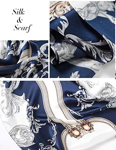 100% Mulberry Silk Long Scarf for Women Large Shawls for Headscarf and Neck- Oblong Hair Wraps with Gift Packed - color: Navy&white -Phoenix Tail Fern