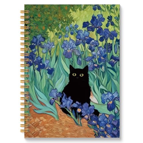 ROXMART Irises Floral Black Cat Spiral Notebook, Black Cat Gifts Journal, Cats Lover Gifts for Women, Abstract Flower Field Kitty Kitten Hardcover Notebook Journal, 5.5x8.3 Inch - color: Style07