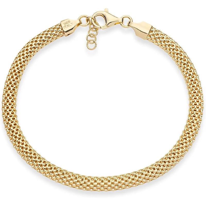 Hypoallergenic 18K Gold Plated 925 Silver 5mm Mesh Bracelet, Women Classic Stackable Minimalist Gift - color: Length 7 Inches