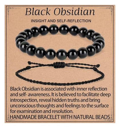 QOGIR 2pcs Handmade Healing Bracelet, Natural Gem Stone Crystal Elastic Bracelet - color: Black Obsidian(Self - Reflection), size: 8mm