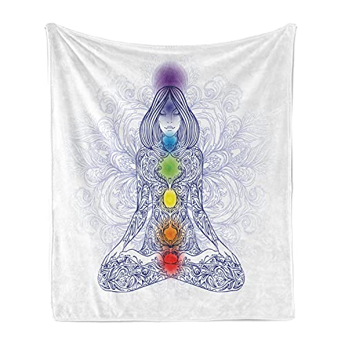 Lunarable Colorful Throw Blanket, Meditating Woman in Lotus Pose with Spots in Body Hidden Peace Print, Flannel Fleece Accent Piece Soft Couch Cover for Adults, 50" x 60", Multicolor - size: 50" x 60"
