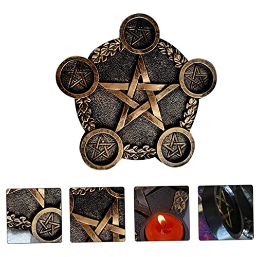 Healifty Pentacle Star Candleholder Decorative Sacrifice Prop Unique Desktop Altar Ornament Copper Plate Home Bar Restaurant Mystic Atmosphere