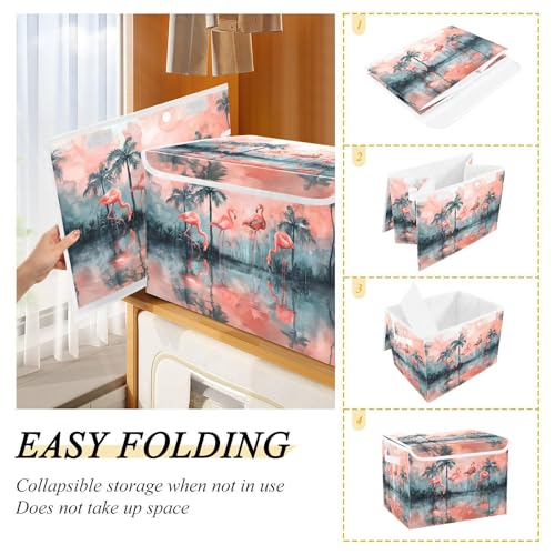 senya Large Storage Bins with Linen Collapsible Foldable Storage Cubes Fabric Closet Organizer Containers Box with Flip-Top Lid Home Bedroom Office 16.7 x 12.6 x 11.8in (Lovely Flamingos Palm Trees) - color: Lovely Flamingos Palm Trees