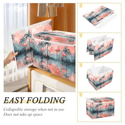 senya Large Storage Bins with Linen Collapsible Foldable Storage Cubes Fabric Closet Organizer Containers Box with Flip-Top Lid Home Bedroom Office 16.7 x 12.6 x 11.8in (Lovely Flamingos Palm Trees) - color: Lovely Flamingos Palm Trees