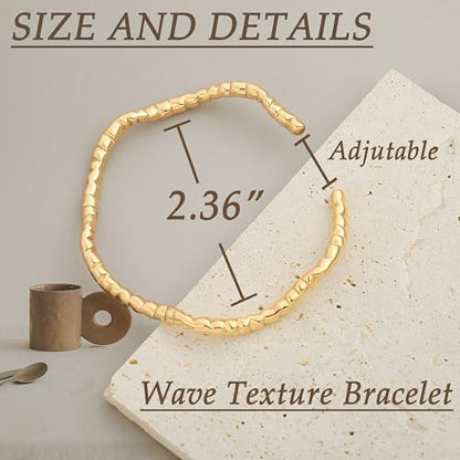 POTESSA 18K Gold Plated Cuff Bracelets Adjustable Dainty Bangle Handemade Jewelry for Women - style: wave