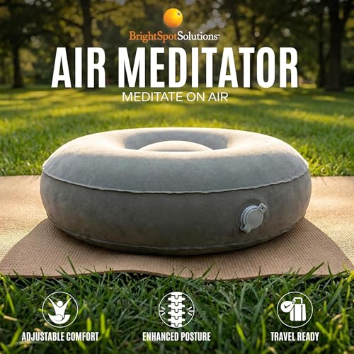 BOWERY HILL Fabric Round Inflatable Travel Meditation Cushion, Light Gray, 16 in x 5.5 in, Adjustable Air Chamber, Durable Flocked Microfiber, Lightweight Portable Design with Carry Case, Yoga or