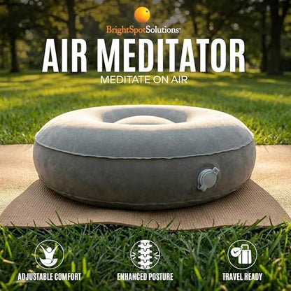 BOWERY HILL Fabric Round Inflatable Travel Meditation Cushion, Light Gray, 16 in x 5.5 in, Adjustable Air Chamber, Durable Flocked Microfiber, Lightweight Portable Design with Carry Case, Yoga or