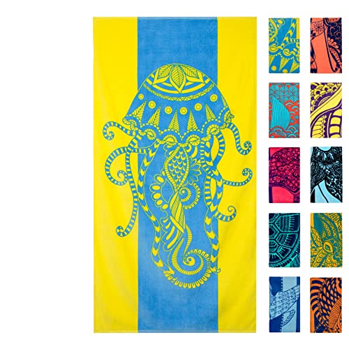Nova Blue Jellyfish Beach Towel – Tropical Blue & Yellow Colors with A Unique Design, Extra Large, XL (34”x 63”) Made from 100% Cotton - color: Jellyfish