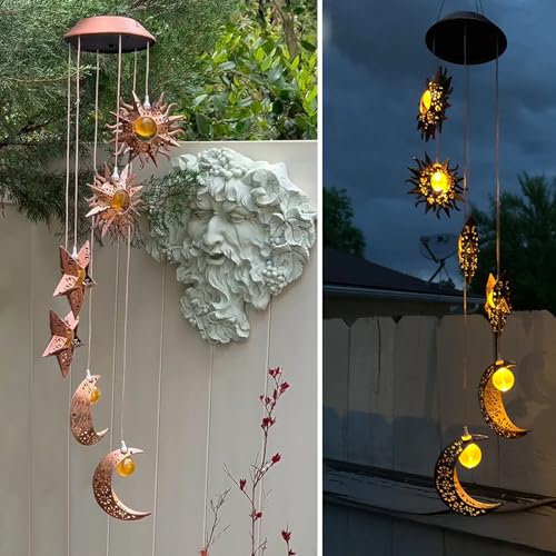 Tryme Solar Wind Chimes for Outside with Sun Moon Star Solar Hanging Lights Windchimes Outdoors Garden Decor Gifts for Mother, Grandma, Sister