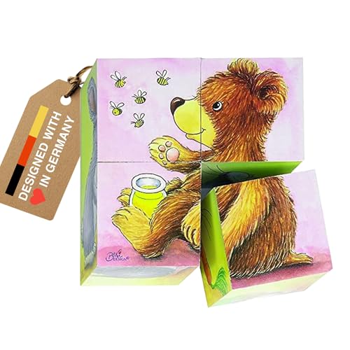 GOKI Wooden Cube Puzzles for Toddlers 2-4 Inspired Montessori Toy 6-in-1 Animal Toddler Puzzle - 4 Wooden Cubes - Educational Toy for Kids Ages 2+ Farm-Themed - Designed with Love in Germany